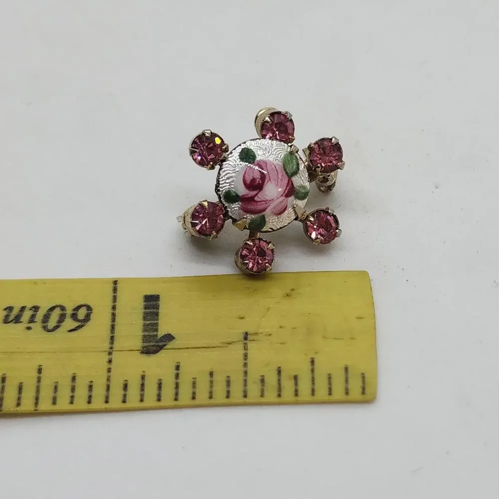 Vintage 1950s Brooch Hand Painted Pink Rose Guilloche Enamel & Pink Rhinestone